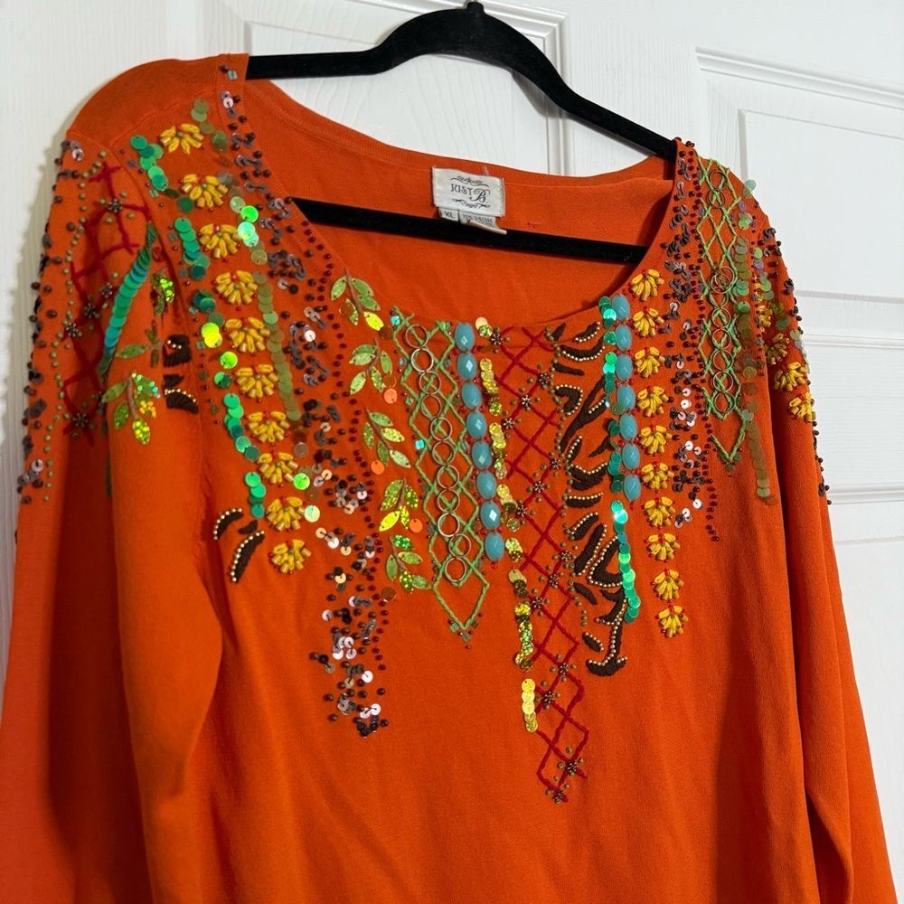 Just Be Vintage Orange Embroidered Beaded Blouse XL - Picture 3 of 6